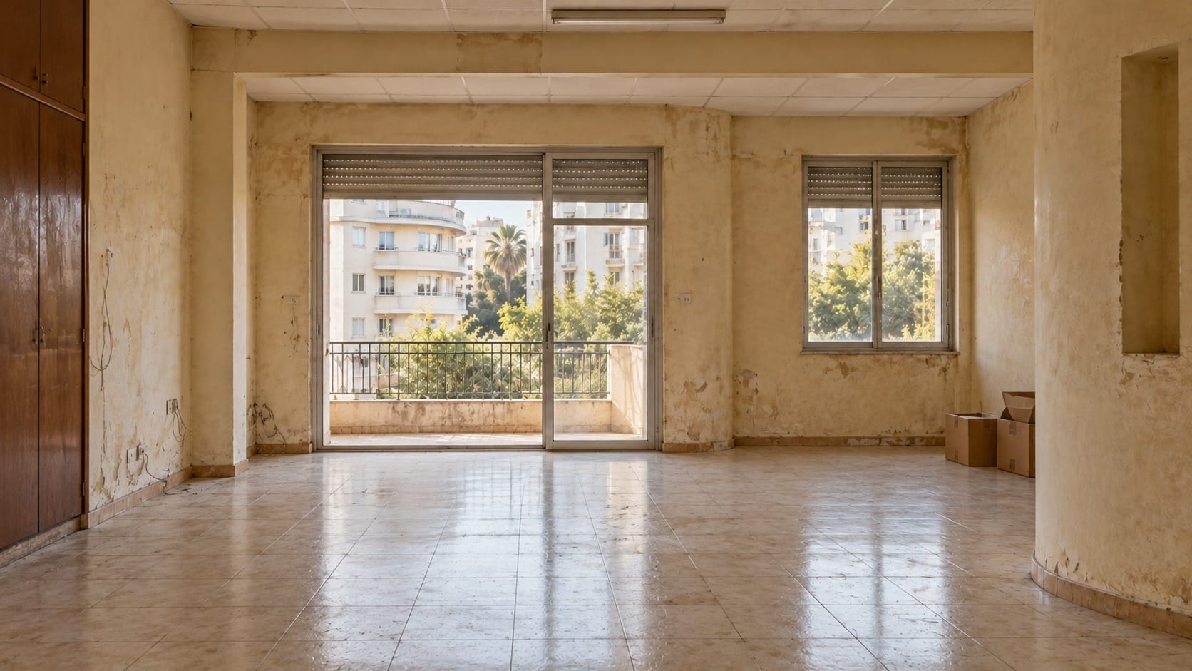 לפני: אותה דירה לפני השיפוץ: קירות מתקלפים, תקרה אקוסטית, תריסי גלילה וחדר ריק עם קרטונים